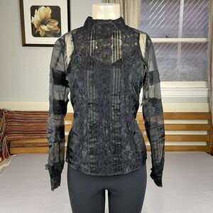 White House Black Market Vtg Style Blouse Women’s 4 Black Sheer Organza Lace